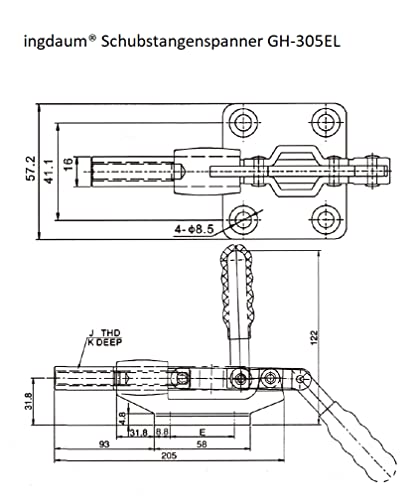 INGDAUM® Tensor de barra de empuje fuerza de sujeción 550 kg, GH-305EL, carrera del husillo de 61 mm, tensor de barra de empuje ajustable, tensor de palanca de rodilla