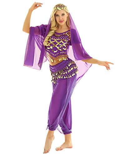 inhzoy Vestido Danza del Vientre para Mujer Disfraz de Princesa Árabe Traje de Baile India Lentejuelas Conjunto de Danza Oriental 4Pcs para Fiesta Actuación Morado Talla única