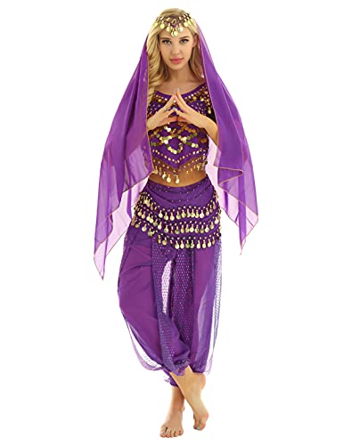 inhzoy Vestido Danza del Vientre para Mujer Disfraz de Princesa Árabe Traje de Baile India Lentejuelas Conjunto de Danza Oriental 4Pcs para Fiesta Actuación Morado Talla única