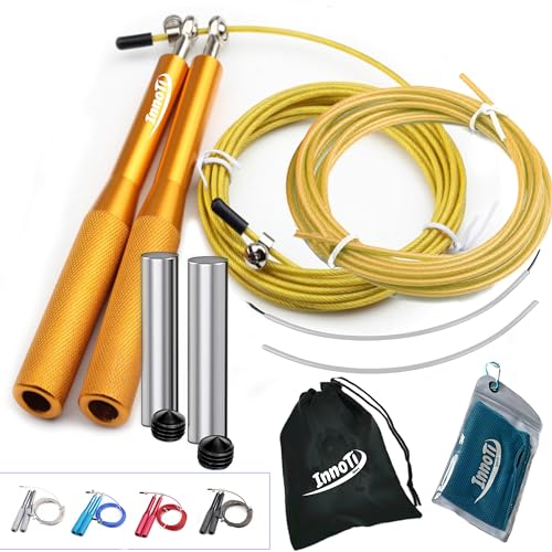 InnoTi Comba CrossTraining Lastrada Hombre y Mujer - Cuerda de Saltar de Alta Velocidad para Boxeo y Fitness - Comba de Aluminio Ligera para Saltos Dobles - Ajustable y con Cable Extra (Amarilla)