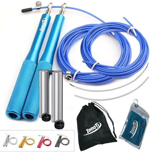 InnoTi Comba CrossTraining Lastrada Hombre y Mujer - Cuerda de Saltar de Alta Velocidad para Boxeo y Fitness - Comba de Aluminio Ligera para Saltos Dobles - Ajustable y con Cable Extra (Azul)