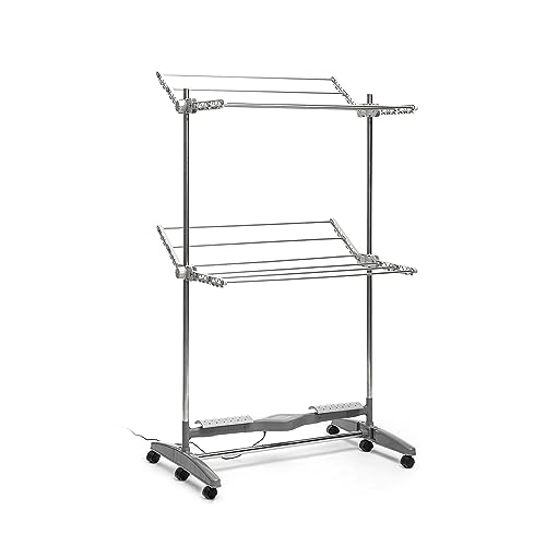 InnovaGoods® Tendedero Eléctrico 24W Plegable con 12 Barras, Tendedero Acero Inoxidable, Tendedero Estable de Ropa con Ruedas y Pinzas, Soporta 20kg, Ahorro de Espacio, Bajo Consumo. Color Gris.