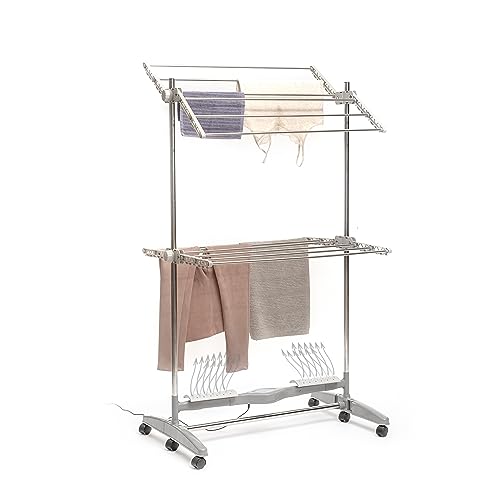 InnovaGoods® Tendedero Eléctrico 24W Plegable con 12 Barras, Tendedero Acero Inoxidable, Tendedero Estable de Ropa con Ruedas y Pinzas, Soporta 20kg, Ahorro de Espacio, Bajo Consumo. Color Gris.