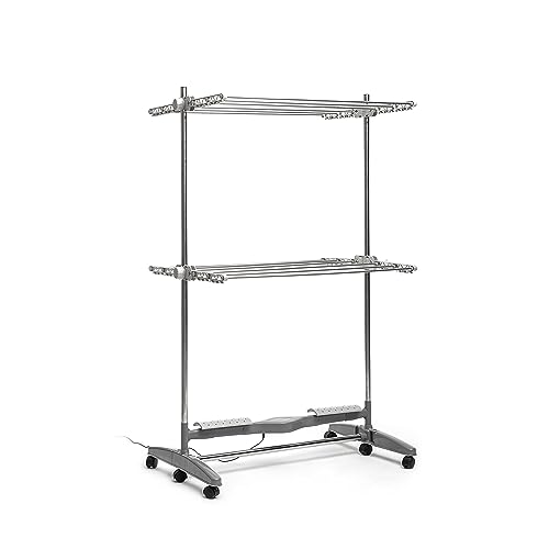 InnovaGoods® Tendedero Eléctrico 24W Plegable con 12 Barras, Tendedero Acero Inoxidable, Tendedero Estable de Ropa con Ruedas y Pinzas, Soporta 20kg, Ahorro de Espacio, Bajo Consumo. Color Gris.