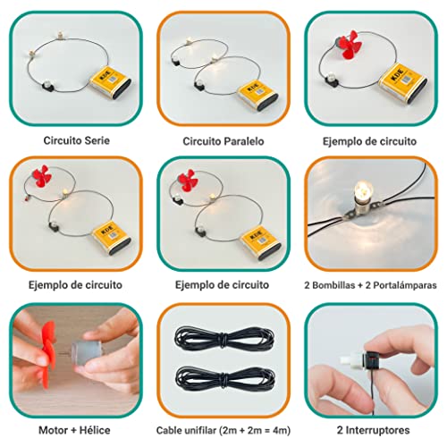 InputMakers Kit Eléctrico Escolar Iniciación con Motor: Pila Petaca 4,5 V, 2 Bombillas, 2 Portalámparas, 2 Interruptores, 4 Metros Cable, 1 Motor, 1 Hélice. Set Electricidad Instituto y Manualidades.