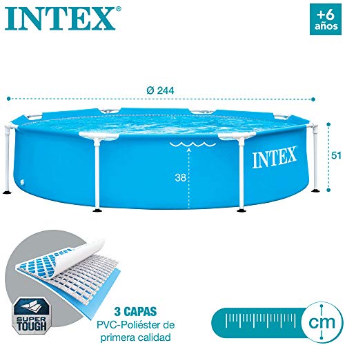 Intex 55242 - Piscina desmontable redonda Metal Frame familiar color azul, medidas Ø244x51 cm, capacidad 1,828 litros, material resistente triple capa, tubular, infantil