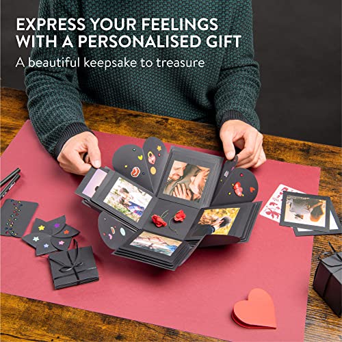 Int!rend Caja Sorpresa de Fotografías DIY, negro - Caja Explosion Scrapbook con Plantillas Pegatinas y Materiales de Scrapbooking - Regalo Ideal de Cumpleaños Aniversario San Valentín