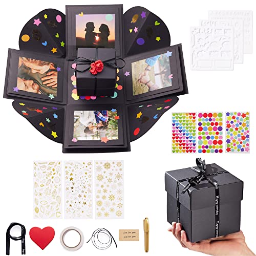 Int!rend Caja Sorpresa de Fotografías DIY, negro - Caja Explosion Scrapbook con Plantillas Pegatinas y Materiales de Scrapbooking - Regalo Ideal de Cumpleaños Aniversario San Valentín