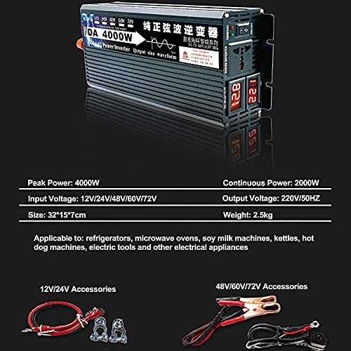 Inversor de Onda sinusoidal Pura 3000W 4000W 5000W 6000W 8000W DC 12V 24V 48V 60V a AC 220V 230V Convertidor Inversores solares Inverte de automóvil para RV Camión Viaje Camping (24Vto220V,4000W)