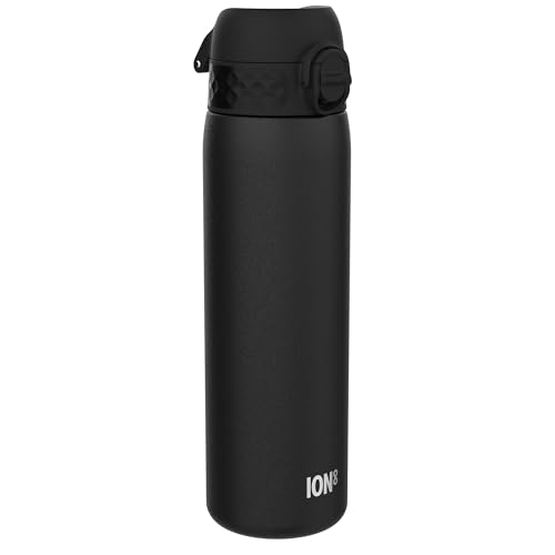 Ion8 Botella de Agua Acero Inoxidable, 600ml, a Prueba de Fugas, Fácil de Abrir, Cerradura Segura, Aptas para Lavavajillas, Asa de Transporte, Fácil de Limpiar, Resistente a Rayones, Negro