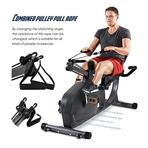 ISE Bicicleta estática semialargada, con resistencia magnética de 8 niveles, asiento ajustable con respaldo y pantalla LCD, cuerda de tracción de polea, máximo 120 kg, SY-6910