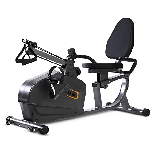 ISE Bicicleta estática semialargada, con resistencia magnética de 8 niveles, asiento ajustable con respaldo y pantalla LCD, cuerda de tracción de polea, máximo 120 kg, SY-6910