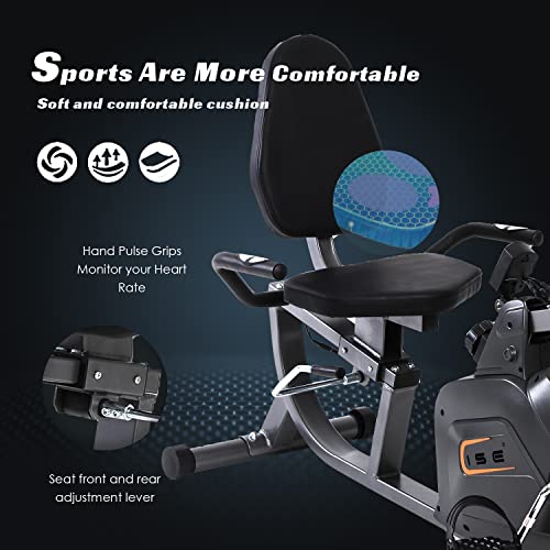 ISE Bicicleta estática semialargada, con resistencia magnética de 8 niveles, asiento ajustable con respaldo y pantalla LCD, cuerda de tracción de polea, máximo 120 kg, SY-6910