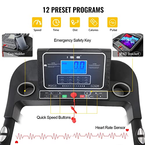 ISE Cinta de Correr eléctrica Plegable para Fitness, Motor de 2.0 HP, Pantalla LCD multifunción con 12 programas, Cinta de Correr silenciosa en la Oficina en casa, 100kg, SY-T2711