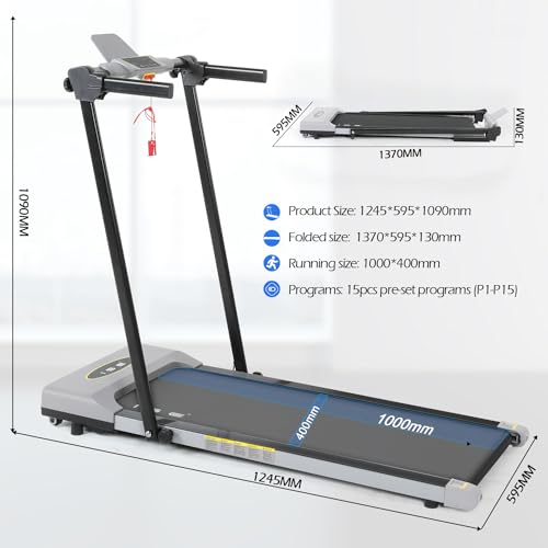 ISE Cinta de correr eléctrica plegable profesional para casa o oficina, 1-12 KM/H, motor silencioso de 0,65 HP, 15 programas de entrenamiento, pantalla LED, cinta de correr deportiva para apartamentos