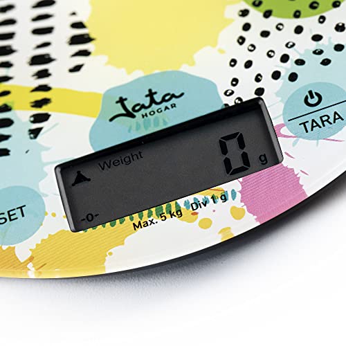 Jata HBA7240 - Báscula de Cocina Digital, Alta resistencia, Alta precisión, Hasta 5 kg, Pantalla LCD, Base Vidrio, Función tara, Incluye Pilas, Medidas: 19 x 19 x 2 cm