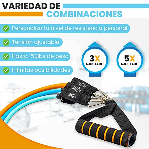 Jennuine Fitness Bandas de Resistencia (150lbs) 5 Gomas Elásticas Musculación de Diferentes Resistencias con Asas. Bandas ELÁsticas musculación para Gimnasio, Pilates Rehabilitación, Fitness en Casa