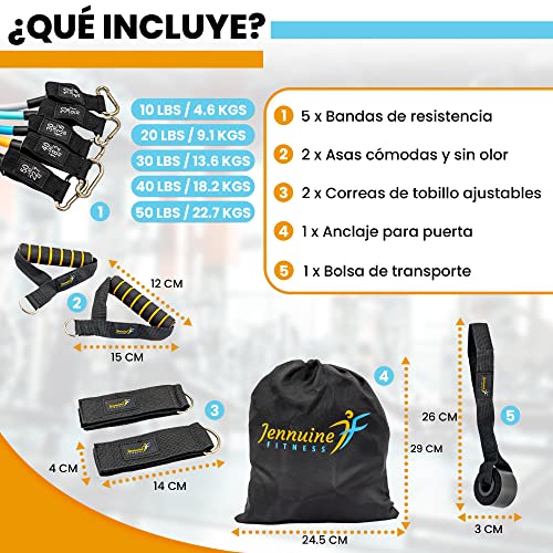 Jennuine Fitness Bandas de Resistencia (150lbs) 5 Gomas Elásticas Musculación de Diferentes Resistencias con Asas. Bandas ELÁsticas musculación para Gimnasio, Pilates Rehabilitación, Fitness en Casa