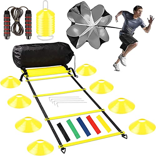 Jewaytec Set de Entrenamiento de Fútbol Agility Speed Ladder, Escalera de Coordinación 8m, 16 Conos Accesorios de Paracaidas Entrenamiento Futbol, Kit de Entrenamiento Futbol Niños y Adultos