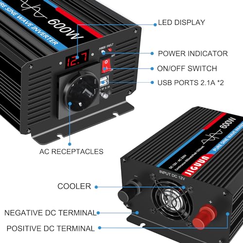 JIGUUN 600W/1200W Inversor de Corriente de Onda sinusoidal Pura Convertidor DC 12V a AC 220/230V Inverter,con 1 enchufes y una Salida USB de 2.1Ah Mando a Distancia inalámbrico e indicador LED