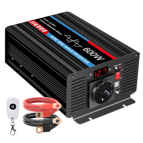 JIGUUN 600W/1200W Inversor de Corriente de Onda sinusoidal Pura Convertidor DC 12V a AC 220/230V Inverter,con 1 enchufes y una Salida USB de 2.1Ah Mando a Distancia inalámbrico e indicador LED