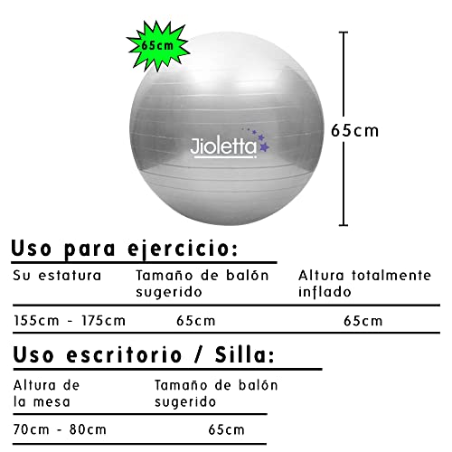 Jioletta - Pelota Pilates, Pelota Fitness, Pelota Embarazadas, Fitball - Segura, Resistente, Antiestallido - Inflador (65cm, Gris Plata)