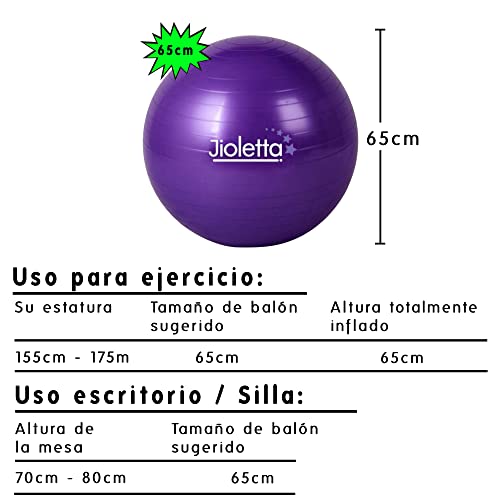 Jioletta - Pelota Pilates, Pelota Fitness, Pelota Embarazadas, Fitball - Segura, Resistente, Antiestallido - Inflador (65cm, Púrpura)