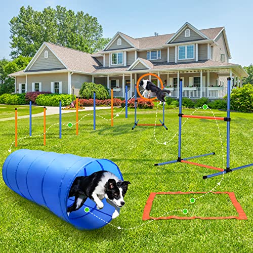 JMMPOO Equipos de Agilidad para Perros, 60 Piezas Set de Entrenamiento de Agilidad para Perros Equipos de Agilidad con Túnel, Altura Ajustable Vallas Agility, Obstáculos de Salto, Bolsa de Transporte