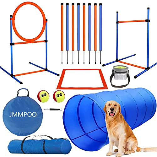 JMMPOO Equipos de Agilidad para Perros, 60 Piezas Set de Entrenamiento de Agilidad para Perros Equipos de Agilidad con Túnel, Altura Ajustable Vallas Agility, Obstáculos de Salto, Bolsa de Transporte