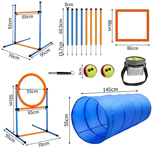 JMMPOO Equipos de Agilidad para Perros, 60 Piezas Set de Entrenamiento de Agilidad para Perros Equipos de Agilidad con Túnel, Altura Ajustable Vallas Agility, Obstáculos de Salto, Bolsa de Transporte