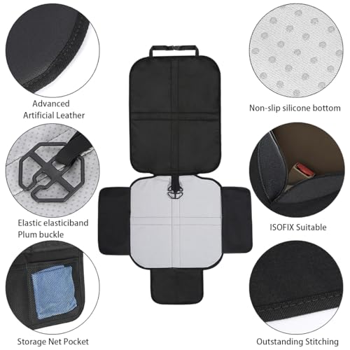 JNNJ Protector Asiento Coche, Protector Asiento Coche Silla Bebe, Impermeable Protector De Asiento Trasero Coche con Organizador Bolsillos, Antideslizante Seguro Protege La Tapicería Coches(Negro)