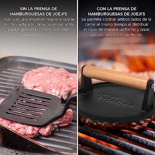 Joejis Prensa Hamburguesas de Hierro Fundido Antiadherente, Molde Hamburguesa de alta resistencia con mango de madera Cool Touch, para Hacer Marcas perfectas y Platos Más Saludables