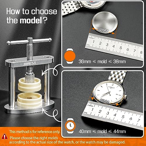 JOREST Prensa de Tapa de Reloj, Cerrador Caja Reloj Para Cambiar Pilas, Herramientas Reparación para Abrir y Cerrar Relojero, Abridor Reloj Quitar Tapa Relojes, con 8 Moldes y Manual de Instrucciones