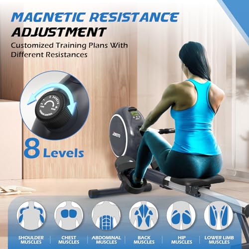 JOROTO Maquina de Remo para Casa, Resistencia Magnética, Riel Retráctil de Aluminio, Capacidad Máxima 140 KG con Función Bluetooth, Remo Fitness Silenciosa para Uso Doméstico