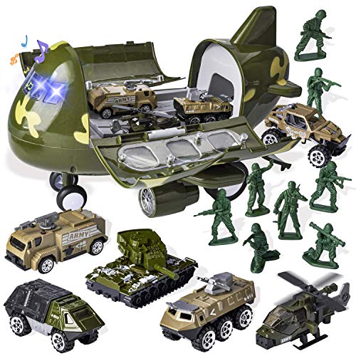 JOYIN 15 PCS Military Friction Powered Transport Cargo Airplane Toy with Die-Cast Military Cars Including 6 Diecast Military Vehicle Toys and Army Men Action Figures for Combat Toy Imaginative Play