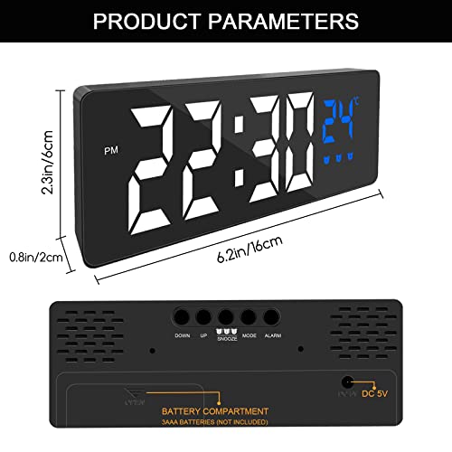 Jsdoin - Reloj Despertador Digital, Pantalla LED Grande, Reloj Despertador con Pantalla de Temperatura, Reloj Despertador Alimentado por USB/batería con 3 Modelos de Alarma, 12/24 Horas, atenuación