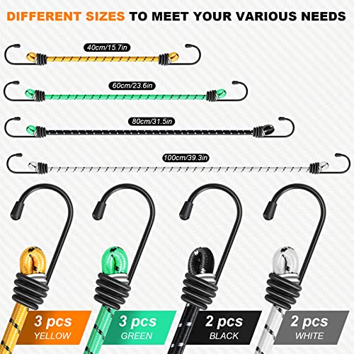 Juego de 10 Cuerdas Elásticas con Gancho, 4 Tamaños de Ganchos Elásticos, Cuerda Elástica con Gancho para Lonas, Portaequipajes, Coches y Bicicletas, Arañas Elásticas Militares
