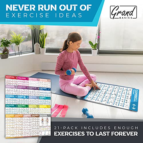 Juego de carteles de entrenamiento grandes laminados – carteles de entrenamiento perfectos para gimnasio en casa, tablas de ejercicios con mancuernas, posturas de yoga, banda de resistencia, pesas