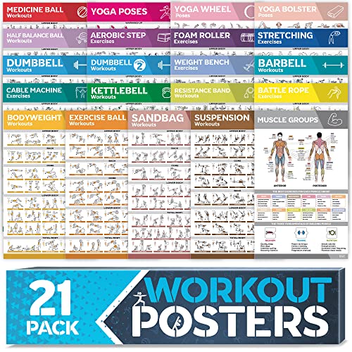 Juego de carteles de entrenamiento grandes laminados – carteles de entrenamiento perfectos para gimnasio en casa, tablas de ejercicios con mancuernas, posturas de yoga, banda de resistencia, pesas