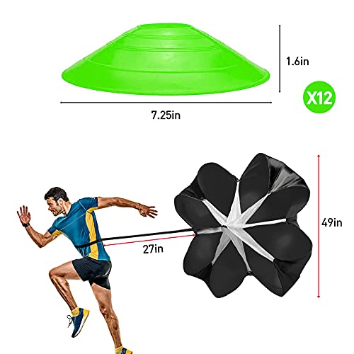 Juego de entrenamiento de agilidad de velocidad profesional, incluye 12 peldaños de 20 pies de escalera de agilidad ajustable con bolsa, 12 conos deportivos, 4 estacas de acero, 1 paracaídas de