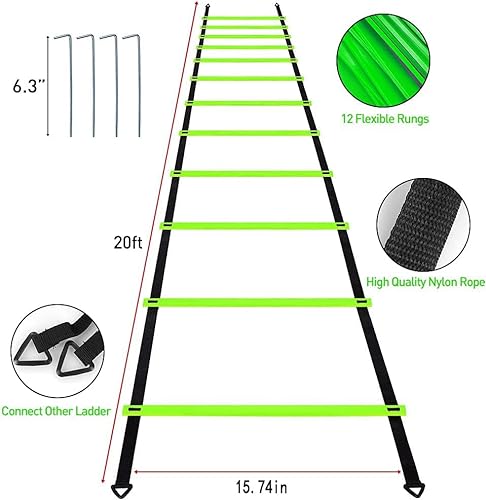 Juego de entrenamiento de agilidad de velocidad profesional, incluye 12 peldaños de 20 pies de escalera de agilidad ajustable con bolsa, 12 conos deportivos, 4 estacas de acero, 1 paracaídas de