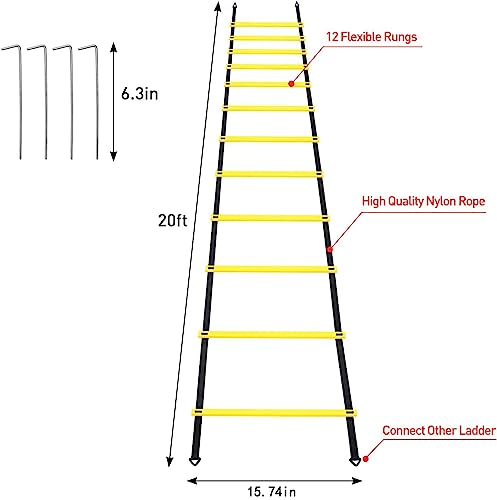 Juego de entrenamiento de agilidad de velocidad profesional, incluye 12 peldaños de 20 pies de escalera de agilidad ajustable con bolsa, 12 conos deportivos, 4 estacas de acero, 1 paracaídas de
