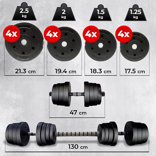 Juego de mancuernas – 30 kg, 16 pesas, 2 barras de 30 mm, de plástico, moleteadas, doble cierre, juego de mancuernas, mancuernas largas, mancuernas cortas, juego de 2 mancuernas y discos