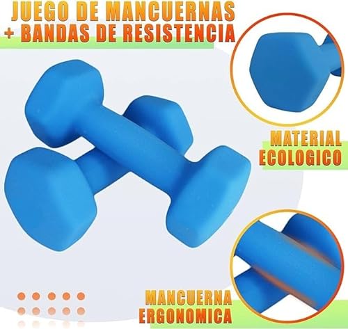 Juego de Mancuernas de 1kg 2 kg y 3 kg + cintas elásticas, kit de 6 pesas con soporte para entrenar en casa, gym en casa.