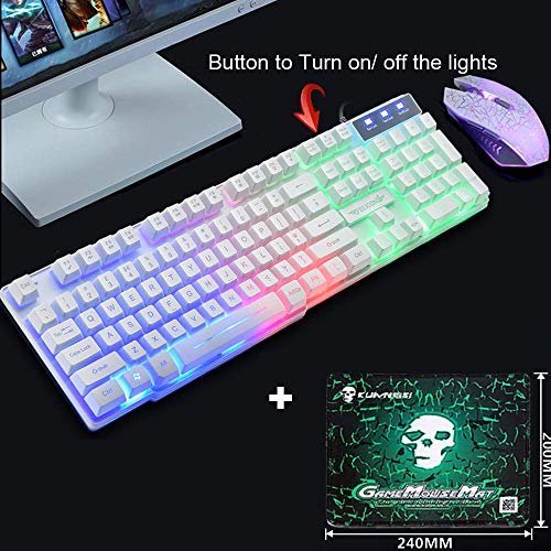 Juego de Teclado y ratón para UK diseño, Lexon Tech Rainbow LED retroiluminado con Teclado y Combo de ratón, con sensación mecánica Gamer Teclado con Ratón óptico de 6 Botones+ Alfombrilla de ratón