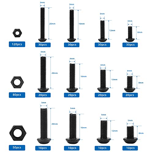 Juego De Tornillos De 500 Piezas De Ikaif, Tornillos Y Tuercas Hexagonales De Cabeza De Pan Negro, Kit De Tacos De Tornillo De Rosca M3/M4/M5, 8mm, 12mm, 16mm, 20mm