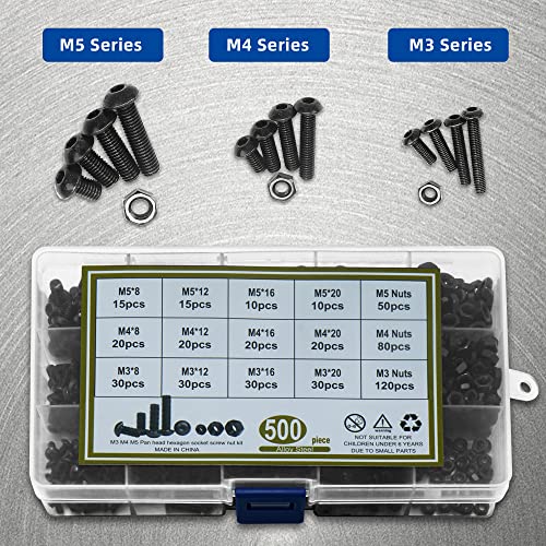 Juego De Tornillos De 500 Piezas De Ikaif, Tornillos Y Tuercas Hexagonales De Cabeza De Pan Negro, Kit De Tacos De Tornillo De Rosca M3/M4/M5, 8mm, 12mm, 16mm, 20mm