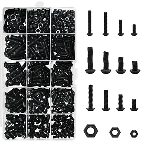 Juego De Tornillos De 500 Piezas De Ikaif, Tornillos Y Tuercas Hexagonales De Cabeza De Pan Negro, Kit De Tacos De Tornillo De Rosca M3/M4/M5, 8mm, 12mm, 16mm, 20mm