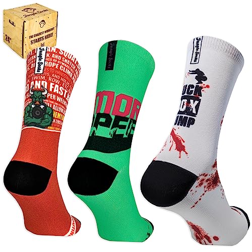 Jungle Socks, Pack de 3 Calcetines Deportivos Divertidos para Crossfit, Gimansio, Ciclismo, Running, Pádel, Halterofilia, Trekking. Cómodos, Resistentes y Sin Costuras. Diseñado en Europa.