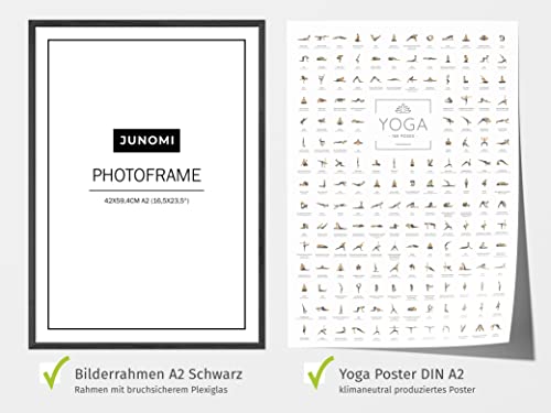 JUNOMI® Yoga Póster DIN A2 con marco negro, accesorios de yoga para estudios y ejercicios en casa, idea de regalo de yoga perfecta, ejercicios de yoga para principiantes y profesionales | con marco